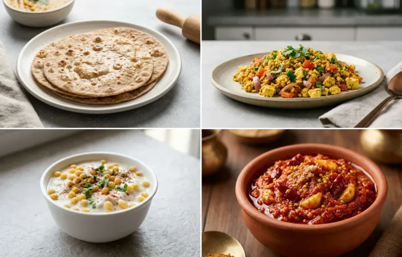 Vegan Masoor Dal with No-Salt Whole Wheat Roti, Vegan Tofu Bhurji, Boondi Raita and Garlic Chutney