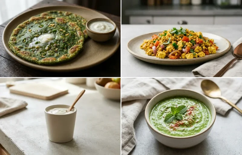 Vegan Masoor Dal with Palak Paratha, Vegan Tofu Bhurji, Plain Yogurt Cup and Mint Yogurt Chutney