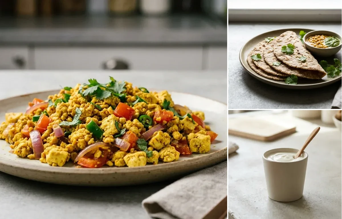 Vegan Masoor Dal with Vegan Tofu Bhurji, Vegan Jowar Roti and Plain Yogurt Cup