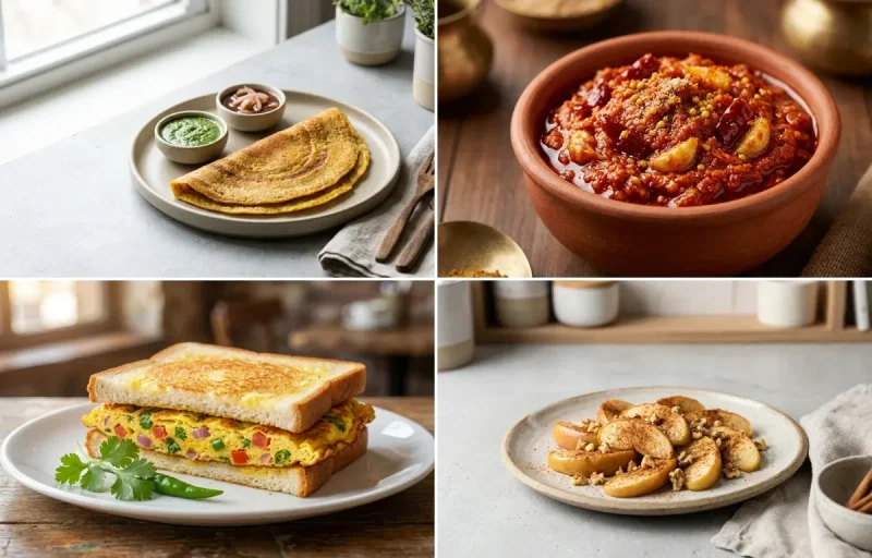 Vegan Moong Dal Cheela with Garlic Chutney, Omelette Sandwich and Apple With Cinnamon
