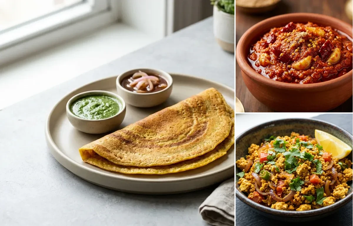 Vegan Moong Dal Cheela with Garlic Chutney, Tofu Bhurji and Roasted Chana With Apple