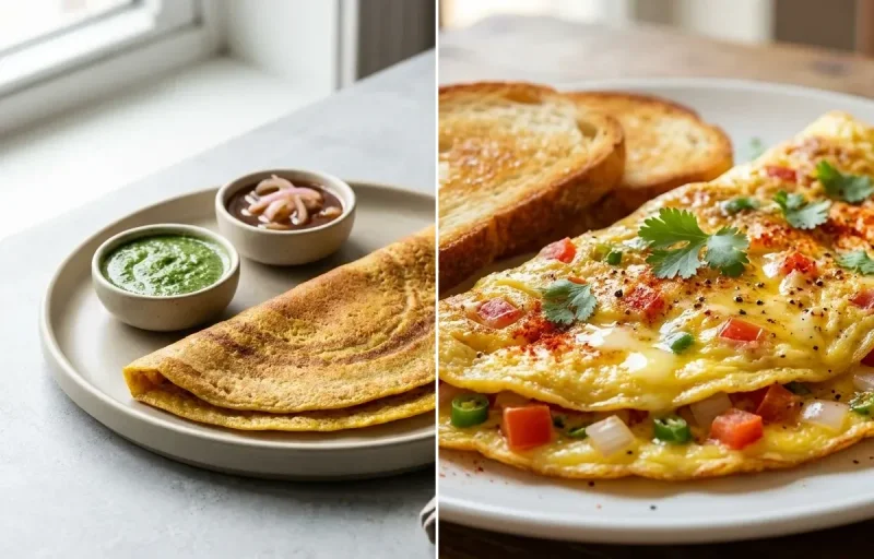 Vegan Moong Dal Cheela with Mint Coriander Chutney No-Salt, Bread Omelette and Cucumber Chaat