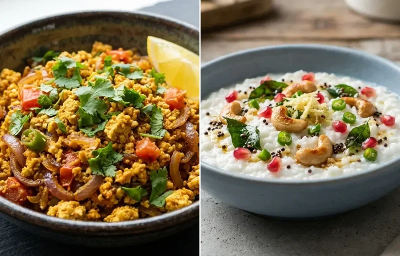 Vegan Oats Upma with Tofu Bhurji, Cilantro Coconut Chutney, Hard Boiled Egg With Cucumber and Curd Rice Snack Bowl