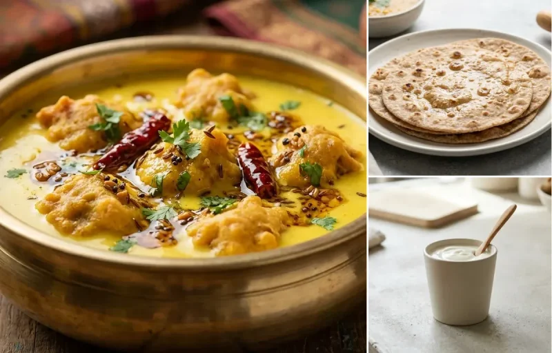 Vegan Palak Tofu with Kadhi Pakora, No-Salt Whole Wheat Roti and Plain Yogurt Cup