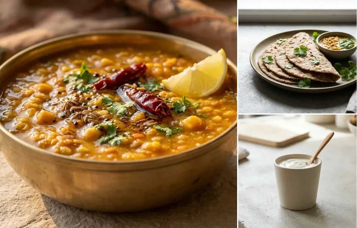 Vegan Palak Tofu with Panchmel Dal, Vegan Jowar Roti and Plain Yogurt Cup