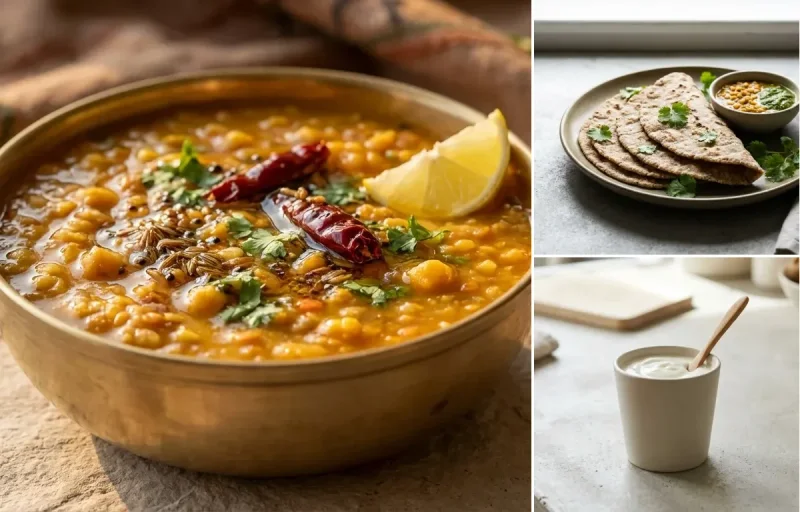 Vegan Palak Tofu with Panchmel Dal, Vegan Jowar Roti and Plain Yogurt Cup