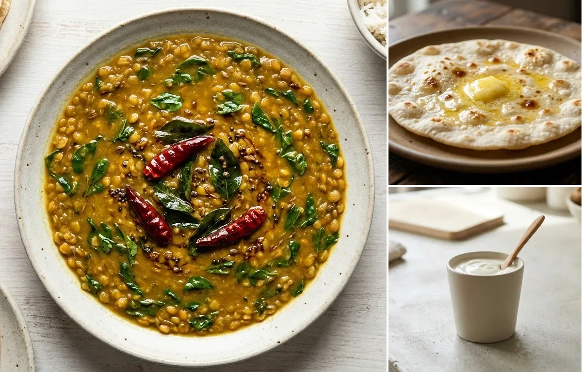 Vegan Palak Tofu with Vegan Methi Dal, Jowar Roti and Plain Yogurt Cup