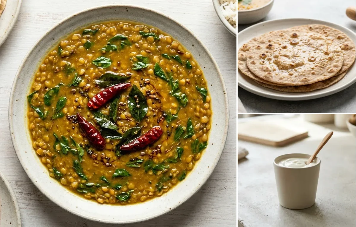Vegan Palak Tofu with Vegan Methi Dal, No-Salt Whole Wheat Roti and Plain Yogurt Cup