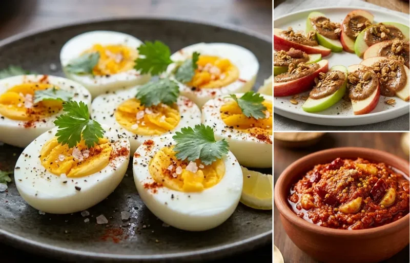 Vegan Poha with Boiled Egg, Apple Slices With Almond Butter and Garlic Chutney