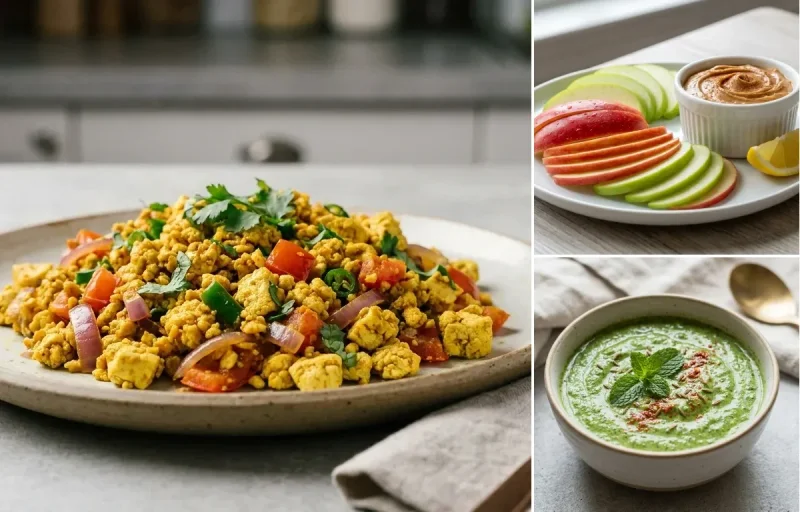Vegan Poha with Vegan Tofu Bhurji, Apple Slices With Peanut Butter, Plain Yogurt Cup and Mint Yogurt Chutney