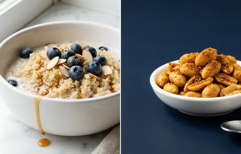 Vegan Quinoa Breakfast Bowl with Roasted Peanuts Spiced