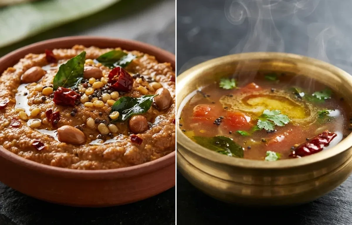 Vegan Ragi Dosa with Peanut Chutney and Rasam