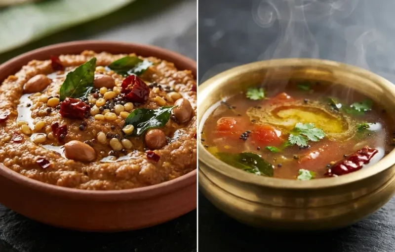 Vegan Ragi Dosa with Peanut Chutney and Rasam
