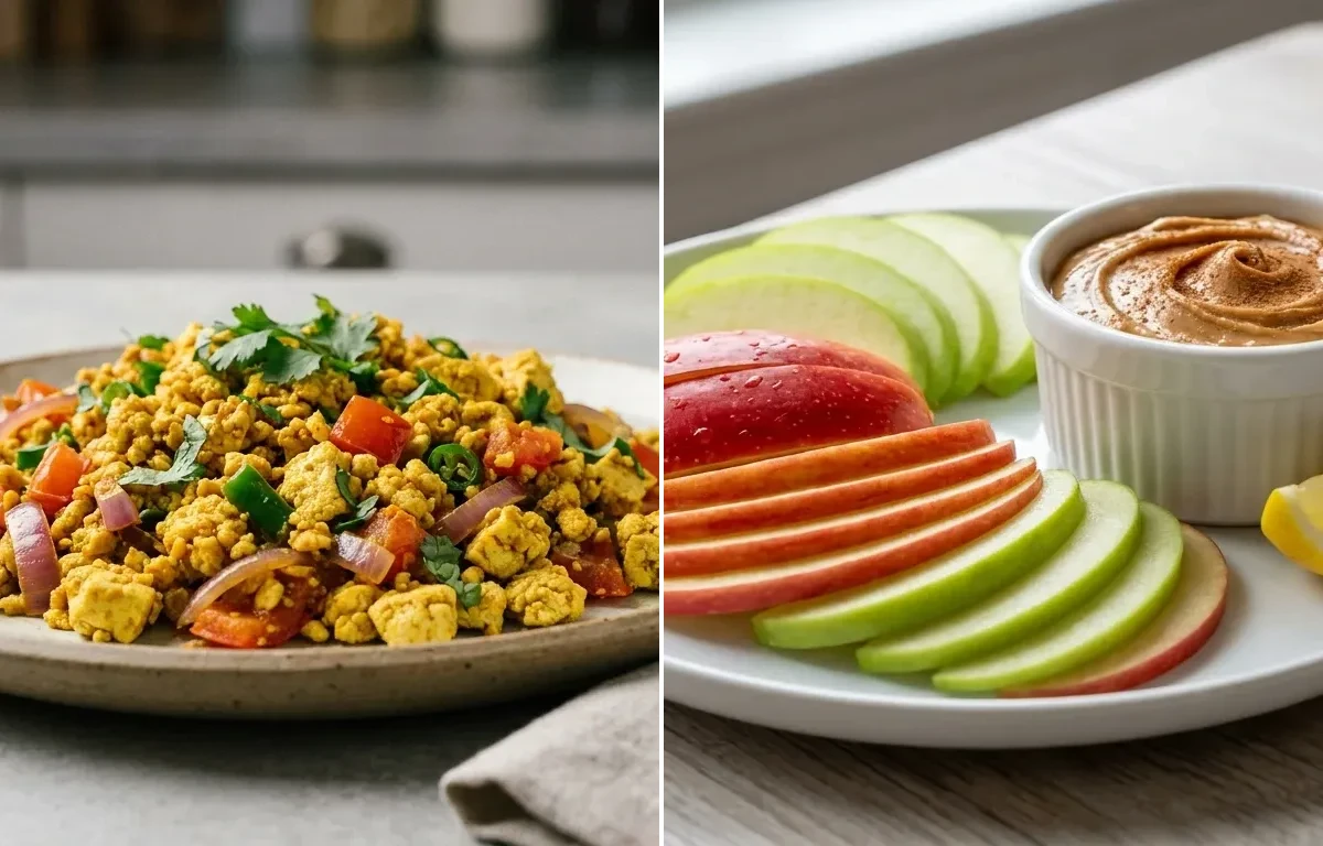 Vegan Tofu Bhurji with Apple Slices With Peanut Butter