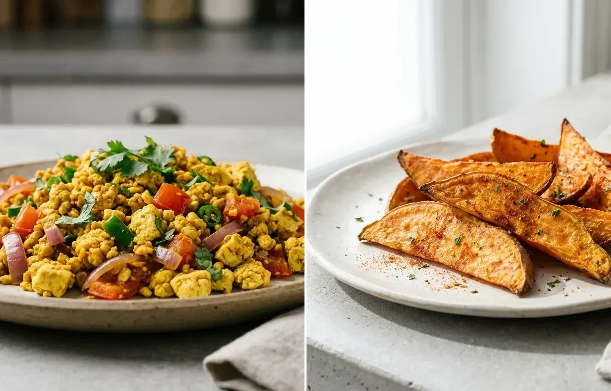 Vegan Tofu Bhurji with Vegan Sweet Potato Wedges Baked