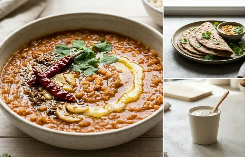 Vegan Tofu Tikka Masala with Masoor Dal, Vegan Jowar Roti and Plain Yogurt Cup