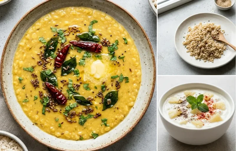 Vegan Toor Dal with Cooked Steamed White Rice Half Cup, Egg Bhurji Main, Pineapple Raita and Mint Coriander Chutney No-Salt