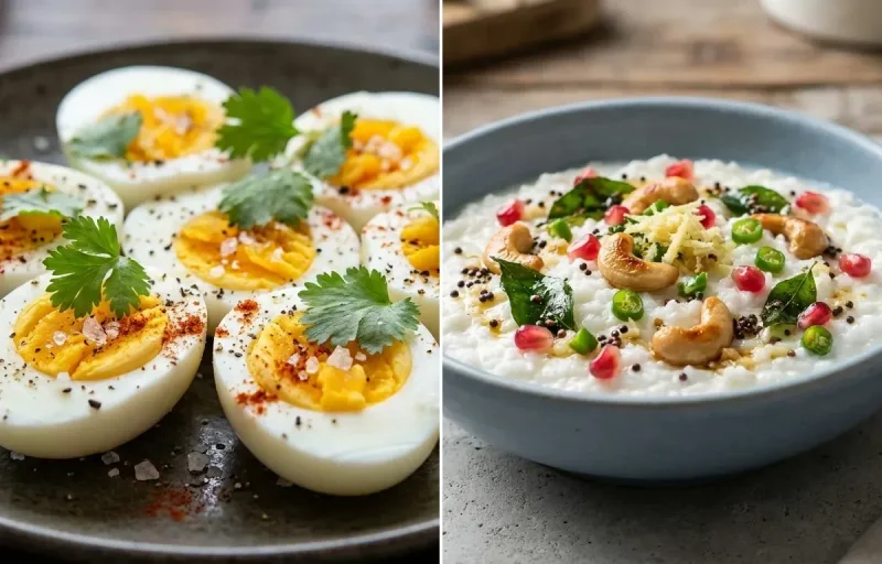 Vegan Upma with Boiled Egg, Tomato Onion Chutney, Yogurt With Fruit and Curd Rice Snack Bowl
