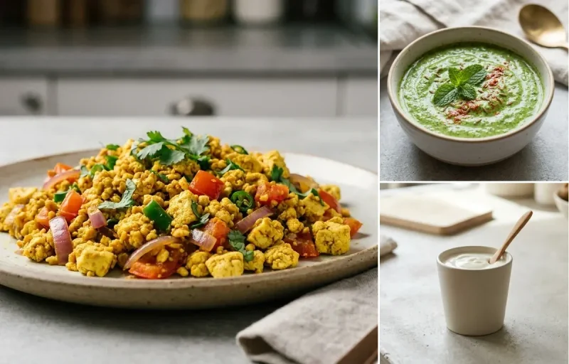 Vegan Upma with Vegan Tofu Bhurji, Mint Yogurt Chutney and Plain Yogurt Cup
