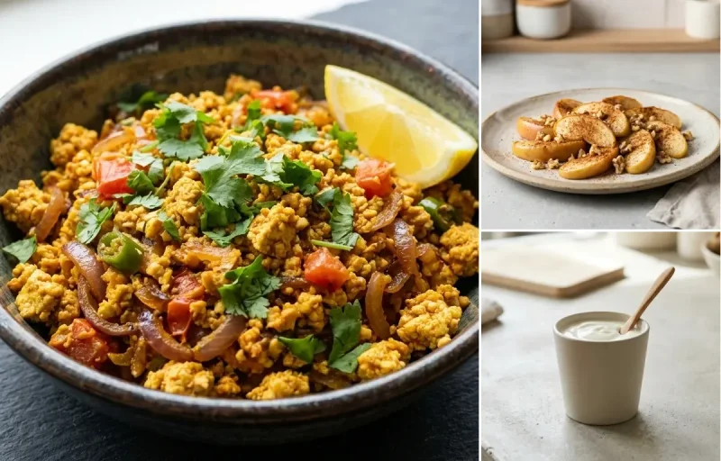 Vegan Vermicelli Upma with Tofu Bhurji, Tomato Garlic Chutney, Apple With Cinnamon and Plain Yogurt Cup