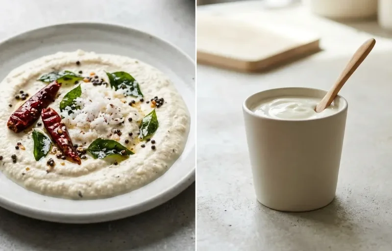 Vegan Vermicelli Upma with Two Boiled Eggs, Coconut Chutney No-Salt, Cucumber Chaat and Plain Yogurt Cup