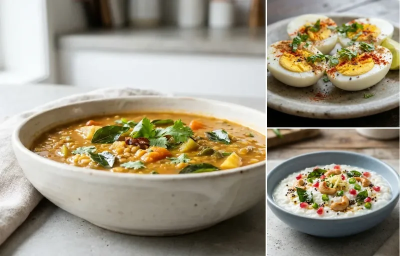Vegetable Adai with Drumstick Sambar, Coconut Mint Chutney, Boiled Eggs and Curd Rice Snack Bowl