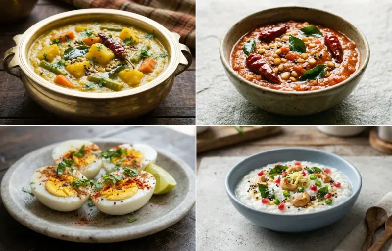 Vegetable Adai with Vegetable Kootu, Tomato Chutney, Boiled Eggs and Curd Rice Snack Bowl