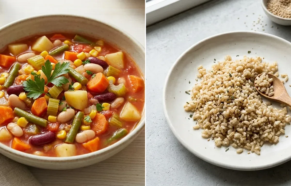 Vegetable And Bean Soup with Cooked Steamed White Rice Half Cup and Apple Walnut Salad