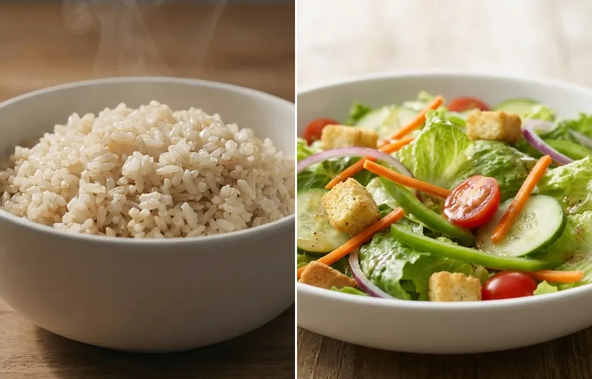 Vegetable and Tofu Stir-fry with Brown Rice and Garden Salad