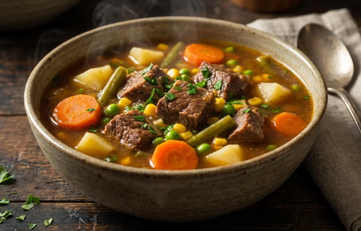 Vegetable Beef Soup with Tomato Salad and Whole Wheat Roll