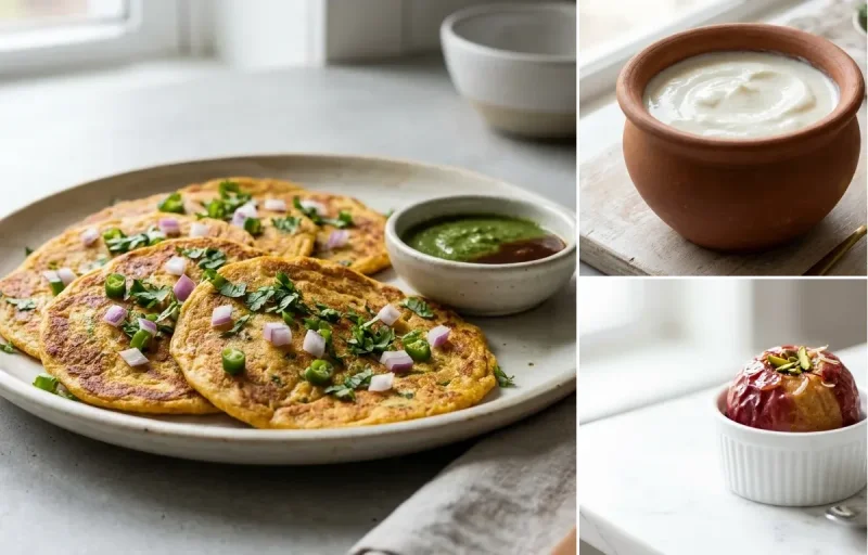 Vegetable Besan Chilla with Mint Coriander Chutney with Curd with Apple