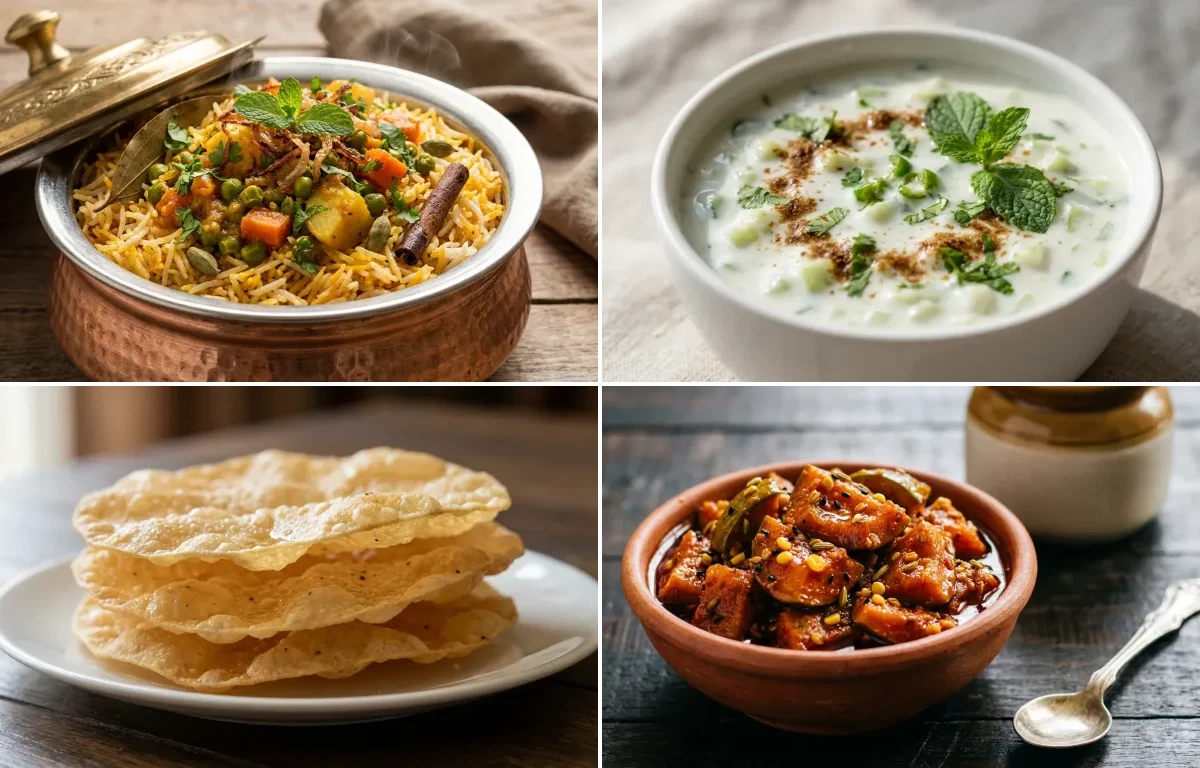 Vegetable Biryani with Cucumber Raita, Pappadam and Mango Pickle