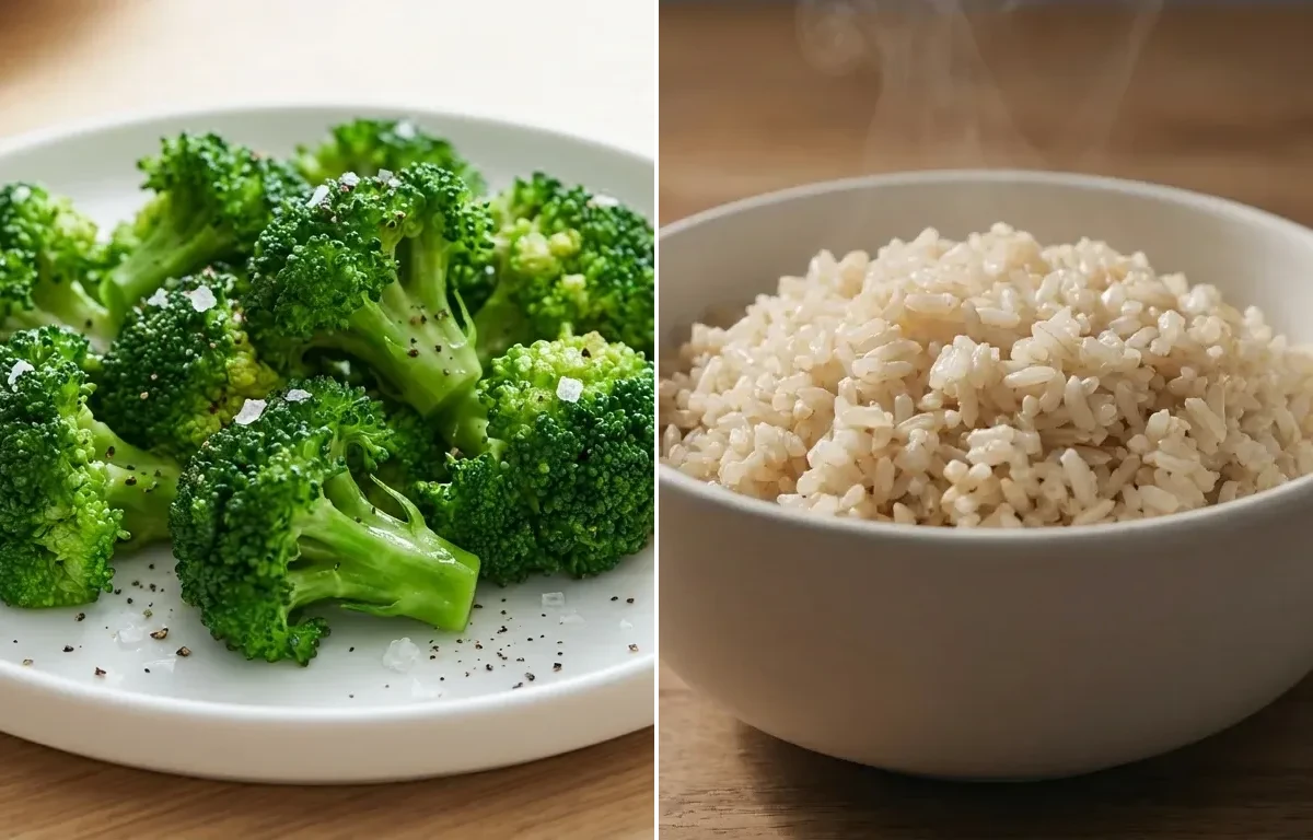 Vegetarian Bean Chili with Baked Sweet Potato Half, Steamed Broccoli and Brown Rice