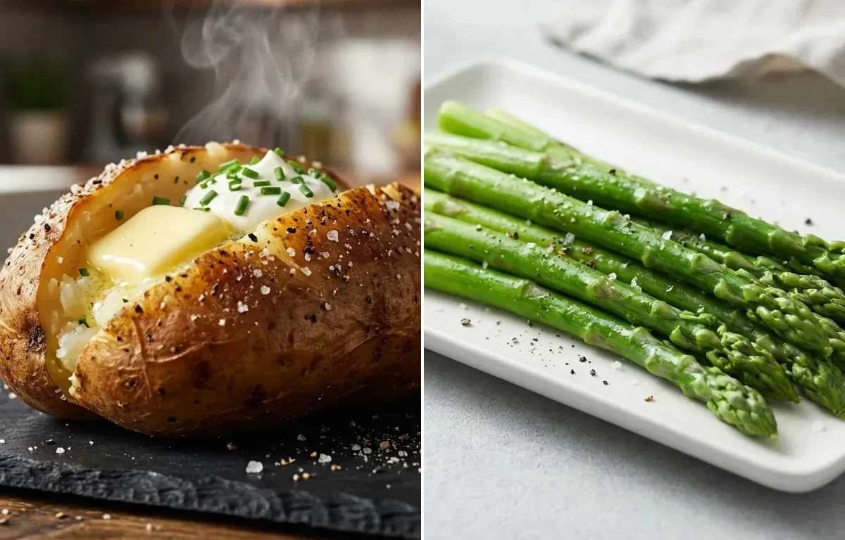 Vegetable Cheese Casserole with Baked Potato and Steamed Asparagus