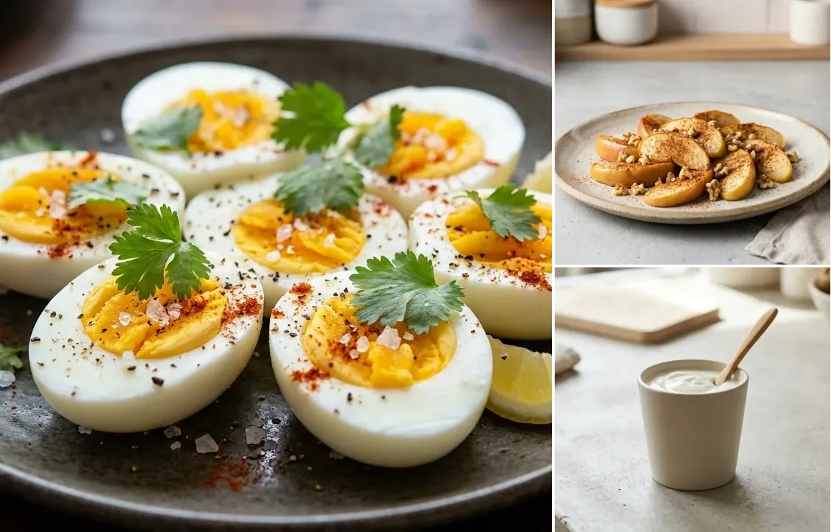 Vegetable Daliya Upma with Boiled Egg, Cilantro Coconut Chutney, Apple With Cinnamon and Plain Yogurt Cup