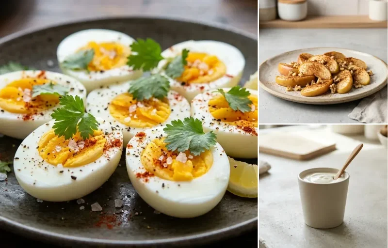 Vegetable Daliya Upma with Boiled Egg, Cilantro Coconut Chutney, Apple With Cinnamon and Plain Yogurt Cup