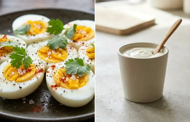 Vegetable Daliya Upma with Boiled Egg, Yogurt With Fruit, Plain Yogurt Cup and Mint Coriander Chutney No-Salt