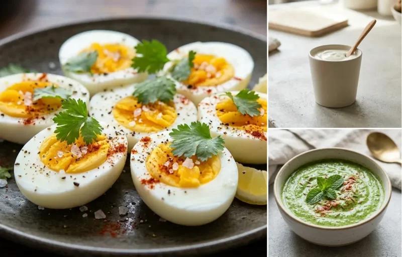 Vegetable Daliya Upma with Boiled Egg, Yogurt With Fruit, Plain Yogurt Cup and Mint Yogurt Chutney