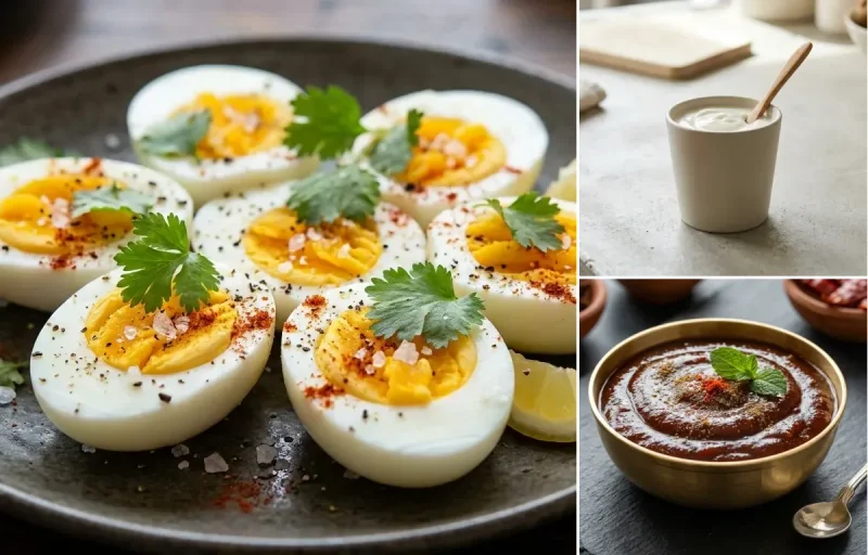 Vegetable Daliya Upma with Boiled Egg, Yogurt With Fruit, Plain Yogurt Cup and Tamarind Date Chutney