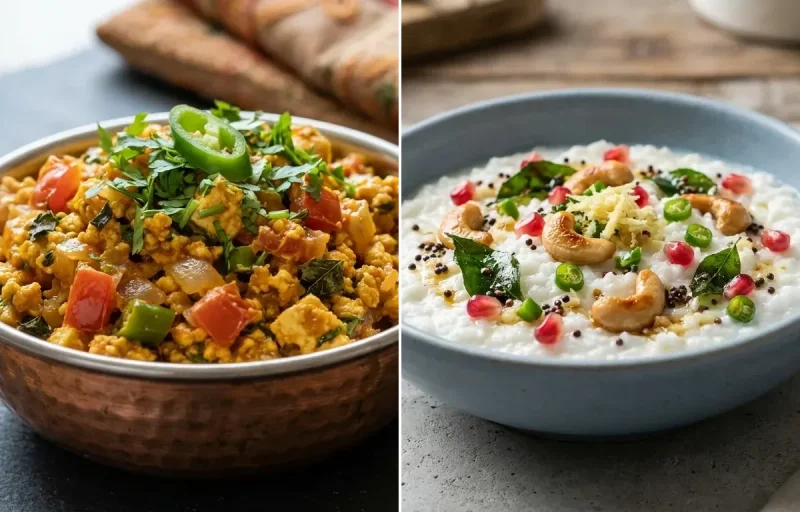 Vegetable Daliya Upma with Paneer Bhurji, Tomato Garlic Chutney and Curd Rice Snack Bowl