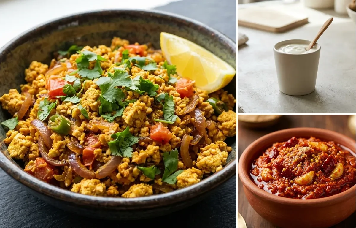 Vegetable Daliya Upma with Tofu Bhurji, Plain Yogurt Cup and Garlic Chutney