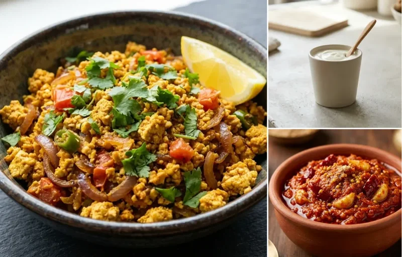 Vegetable Daliya Upma with Tofu Bhurji, Plain Yogurt Cup and Garlic Chutney