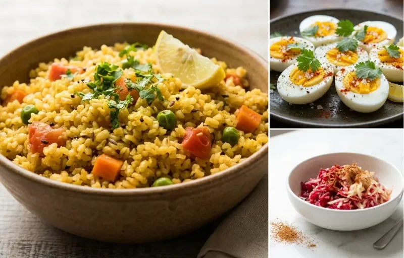 Vegetable Daliya with Boiled Egg with Grated Apple