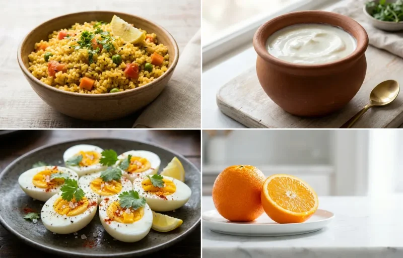 Vegetable Daliya with Curd with Boiled Egg with Orange