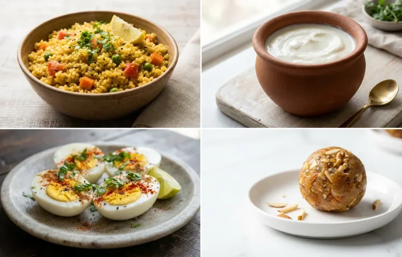 Vegetable Daliya with Curd with Boiled Eggs with Gond Ladoo with Milk