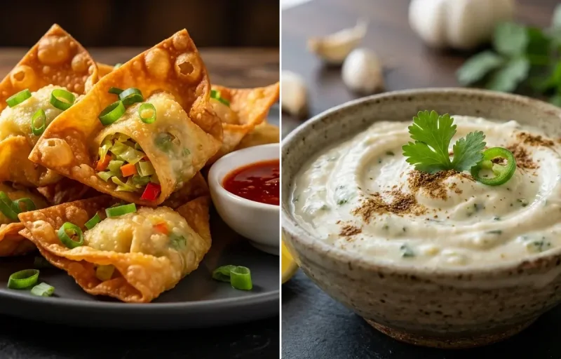 Vegetable Fried Wontons with Garlic Dip