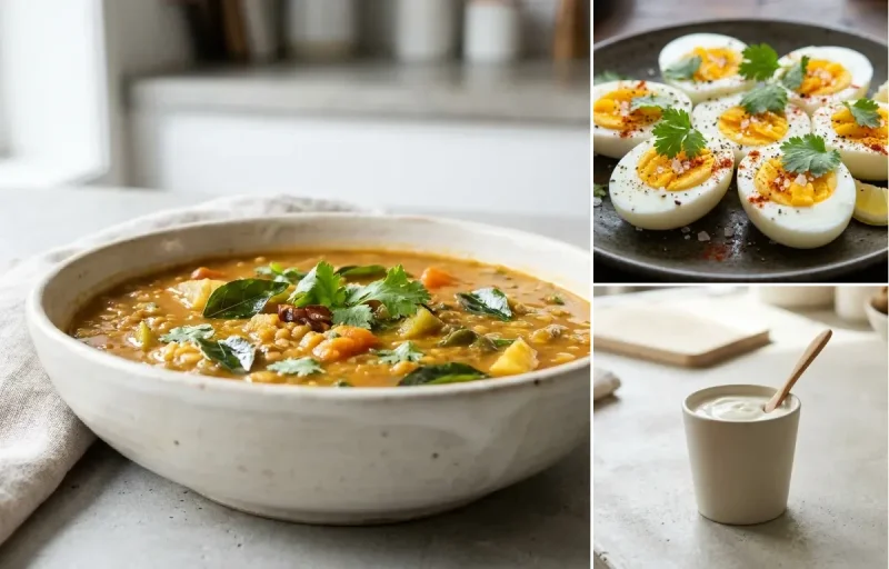 Vegetable Idli with Drumstick Sambar, Coconut Mint Chutney, Boiled Egg and Plain Yogurt Cup