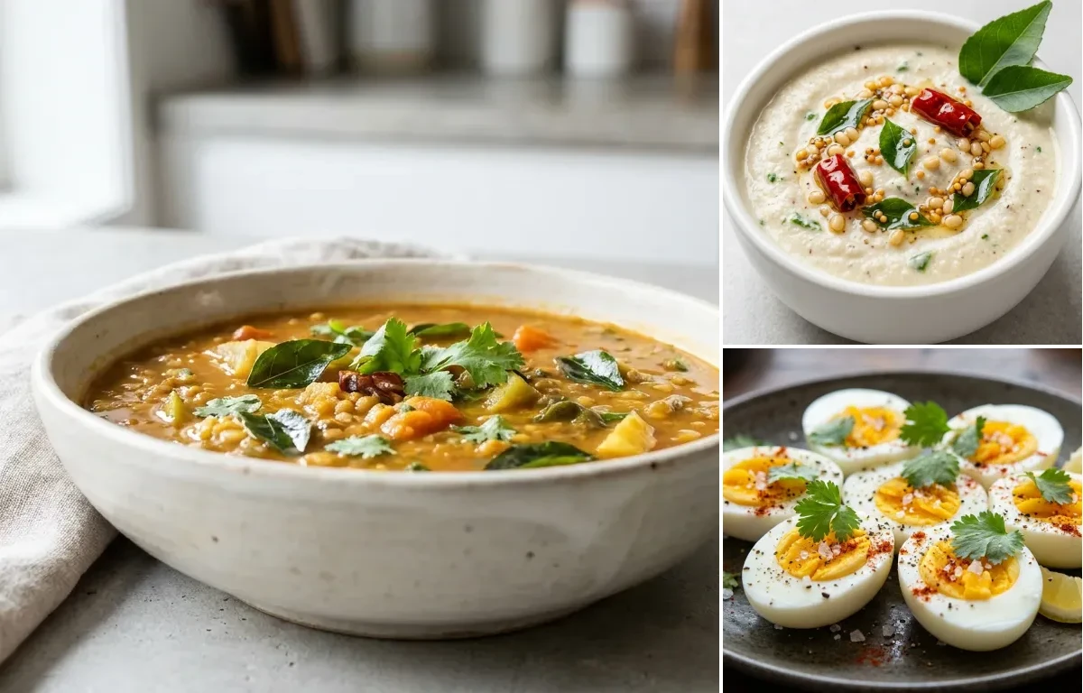 Vegetable Idli with Vegetable Sambar, Coconut Chutney, Boiled Egg and Curd Rice Snack Bowl
