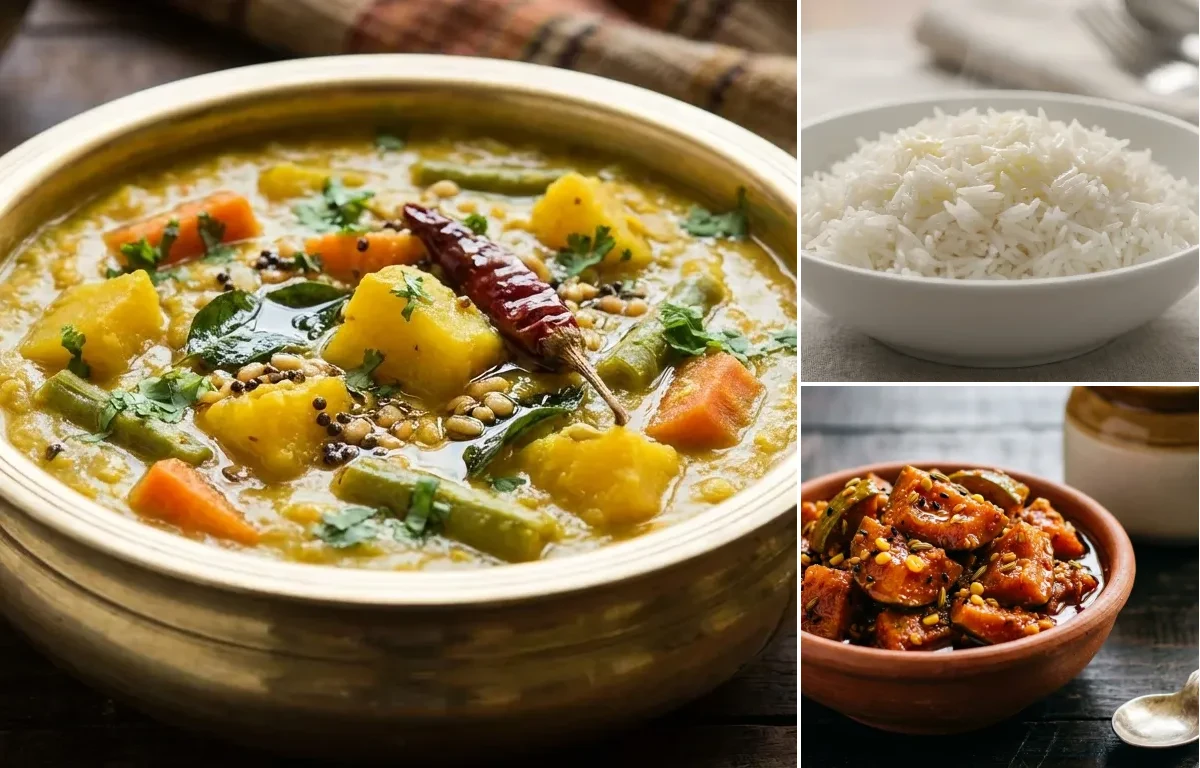 Vegetable Kootu with Steamed Basmati Rice and Mango Pickle