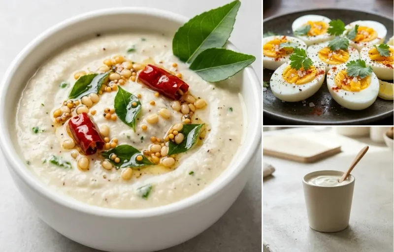 Vegetable Kuzhi Paniyaram with Tamil Lemon Rasam, Coconut Chutney, Boiled Egg and Plain Yogurt Cup